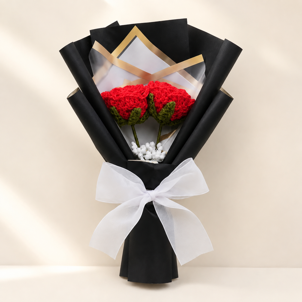 Crimson Duet Crochet Rose Bouquet