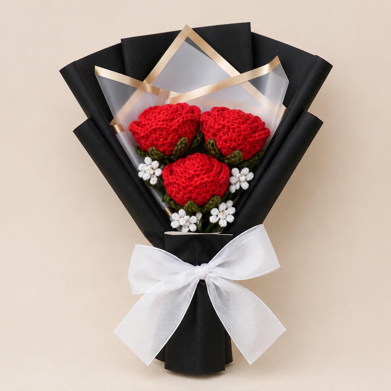 Classic Crimson Crochet Rose Trio