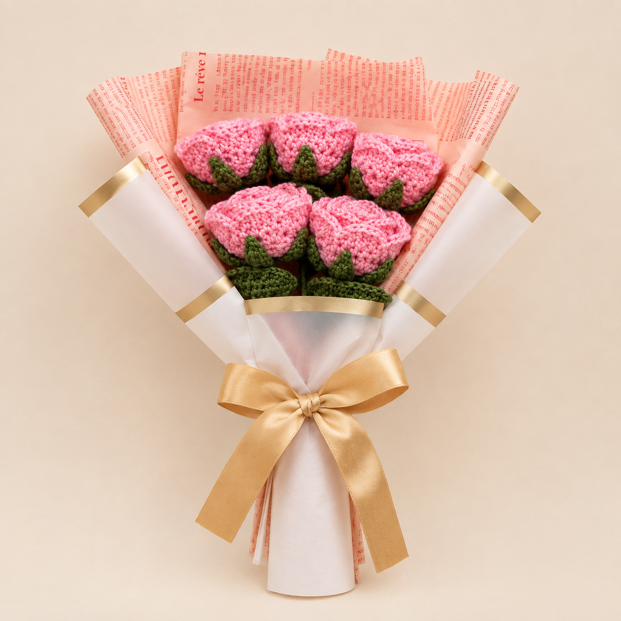 Petal Blush Five-Rose Crochet Bouquet