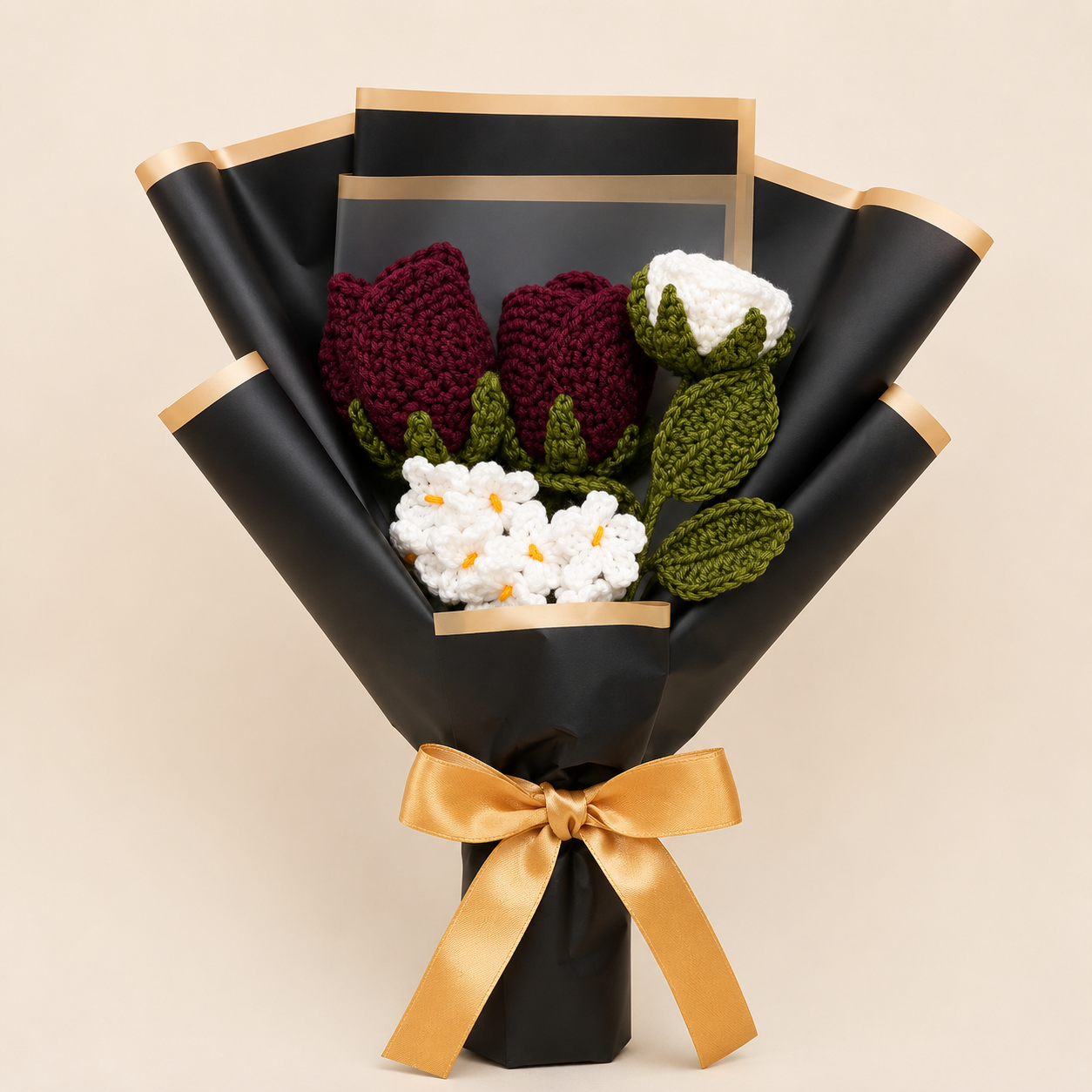 Burgundy & Ivory XL Crochet Rose Bouquet