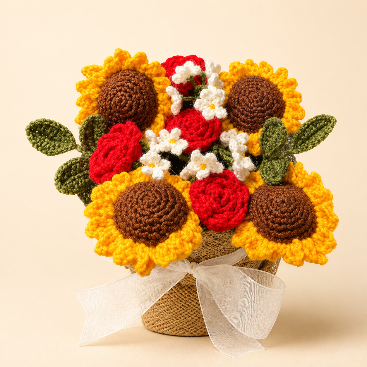 Golden Romance Crochet Flower Basket